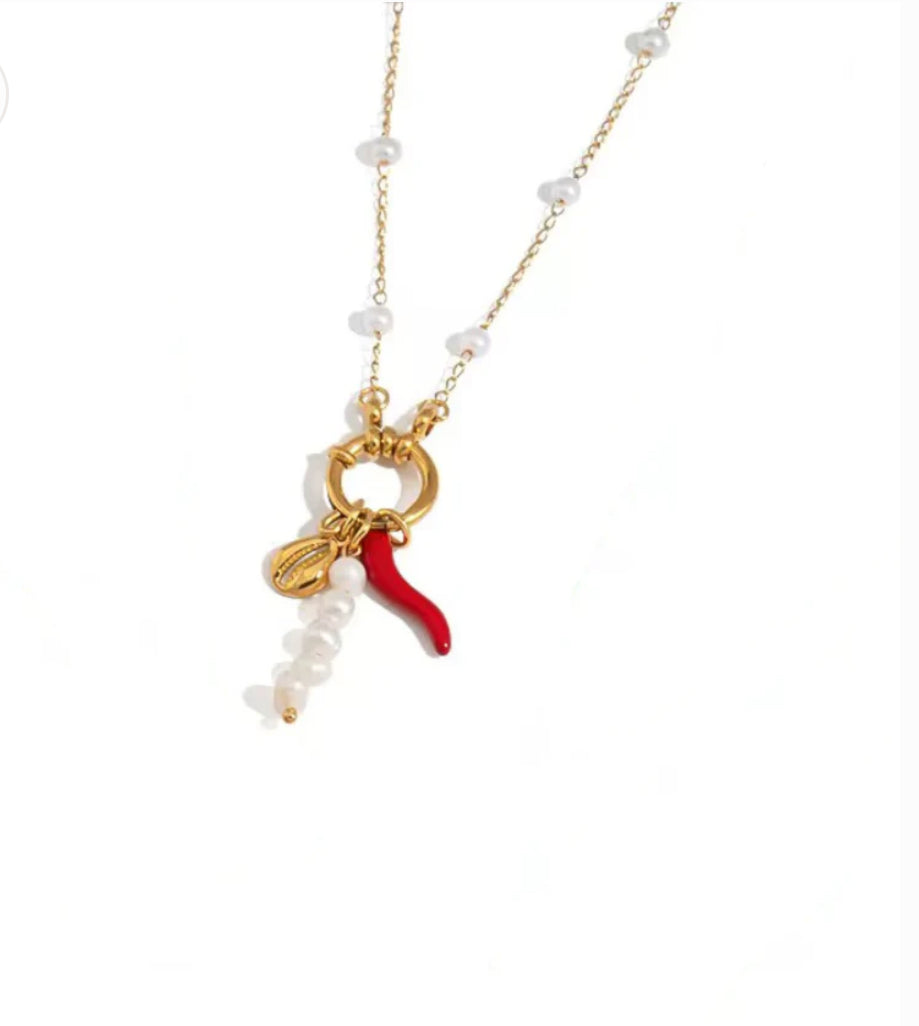 Pearl red chilli & shell necklace